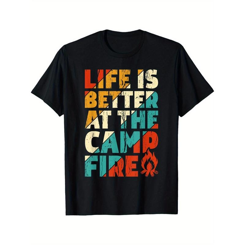 Life is Better by the Campfire Vintage Camping T-Shirt, Cotton, Crew Neck, Slight Stretch, Geometric Pattern, Unisex, for...