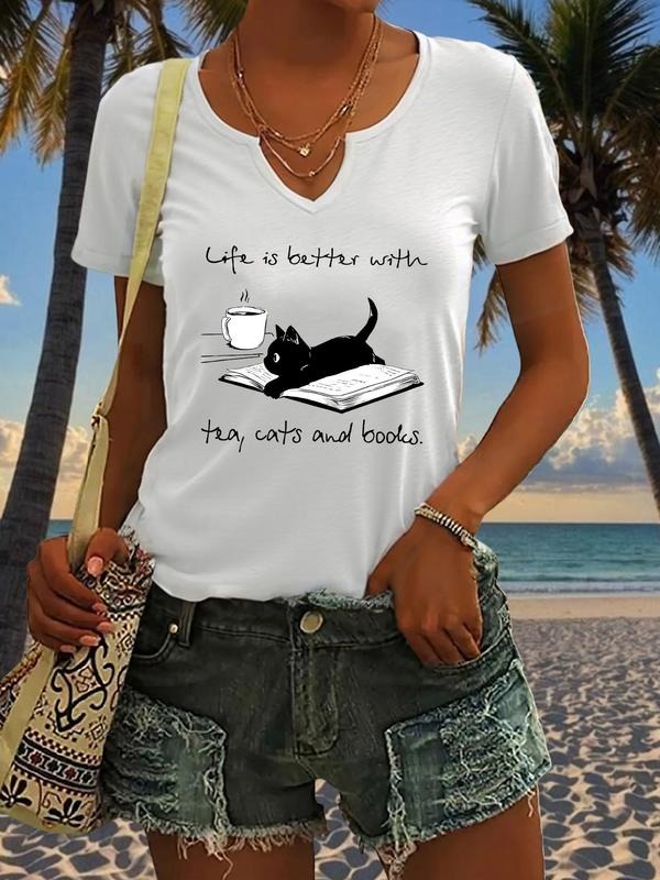Life is Better with Tea Cats Books Letter Print T-Shirt, Stylish Summer Short Sleeve V Neck Women's Tee, Trendy Casual...