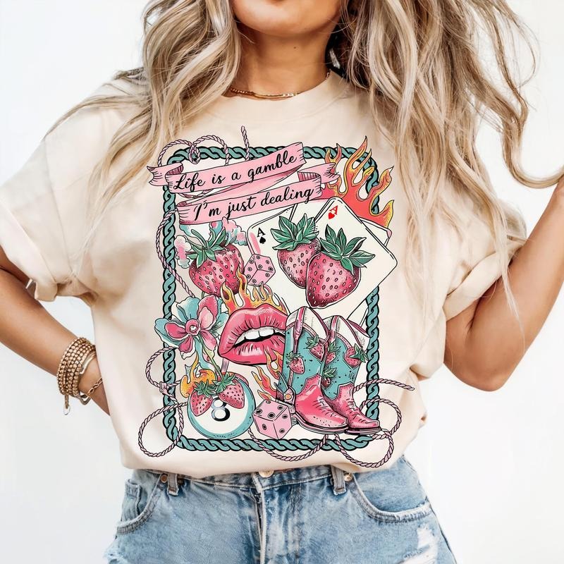 Life is a Gamble T-shirt | Retro Tattoo Style | Cowgirl Strawberry Card T-shirt Hoodie, Sweatshirt | HypeCrazeTee.com
