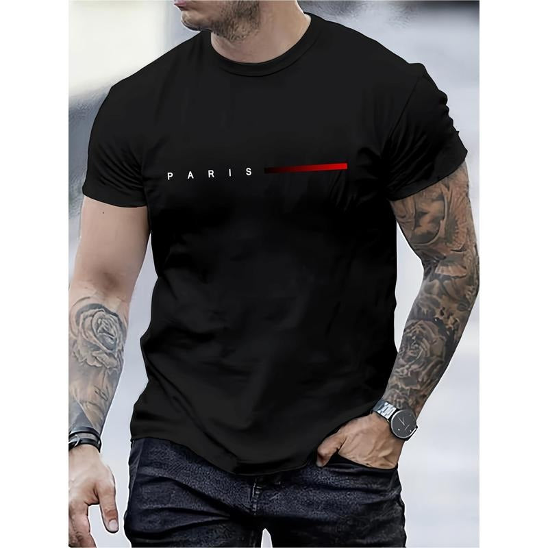 [Lightweight Feel] Men's Casual Comfy Graphic Tee - "PARIS" Letter Print, Crew Neck, Short Sleeve T-Shirt for Daily Wear,...