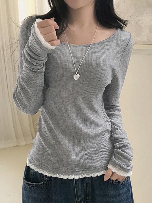 Lightweight Sheer Lace Patchwork Solid Color Long Sleeve T-Shirt, Round Neck Vintage Y2K Cute Girl Basic Fall Winter...