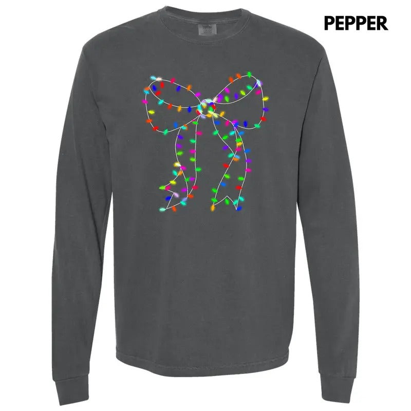 Lit Holiday Bulb Bow Long Sleeve Comfort Colors T-Shirt 'NLB' Hoodie, Sweatshirt | HypeCrazeTee.com