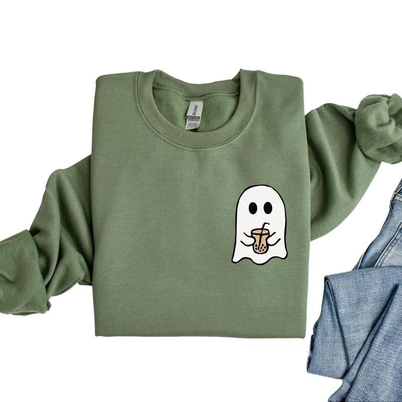 Little Ghost Ice Coffee Halloween Crewneck Sweatshirt, Hoodie, T-shirt, Cute Halloween Shirt | HypeCrazeTee.com