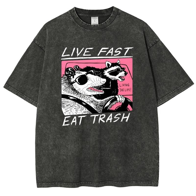 Live Fast Eat Trash Unisex Summer outfits men streetwear 80s 90s graphic tees cotton funny washed tshirt men gifts...