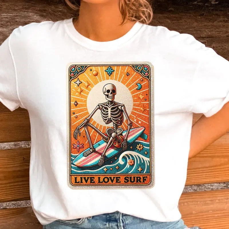 Live Love Surf Skull Tarot Tee Summer Live Love Surf Skeleton Tee Beach Tarot T-Shirt Hoodie, Sweatshirt | HypeCrazeTee.com