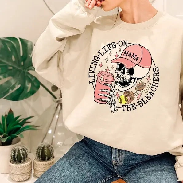 Living Life on the Bleachers Mama Skull  Crewneck Sweatshirt T-Shirts, Hoodie | HypeCrazeTee.com