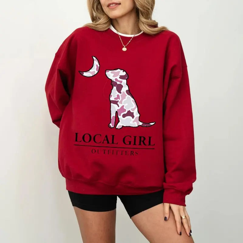 Local Girl Dog With Moon Sweatshirt, Camo Hunting Sweatshirt, Unisex Sweatshirt Classic Cotton, Graphic Tees For Women...