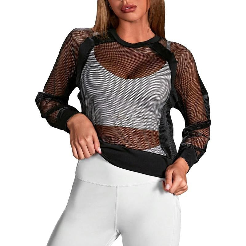 Long Sleeve Round Neck Sheer Mesh Sweatshirts Sports Pullovers T-Shirts, Hoodie | HypeCrazeTee.com