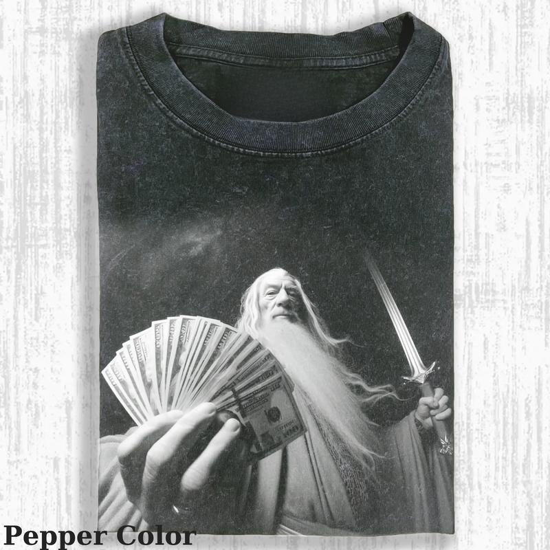 Lord of the Rings Vintage Tee, Gandalf shows off dollar T-Shirt, Meme Cringe Funny Dumb Shirts, Unisex Movie Shirt...
