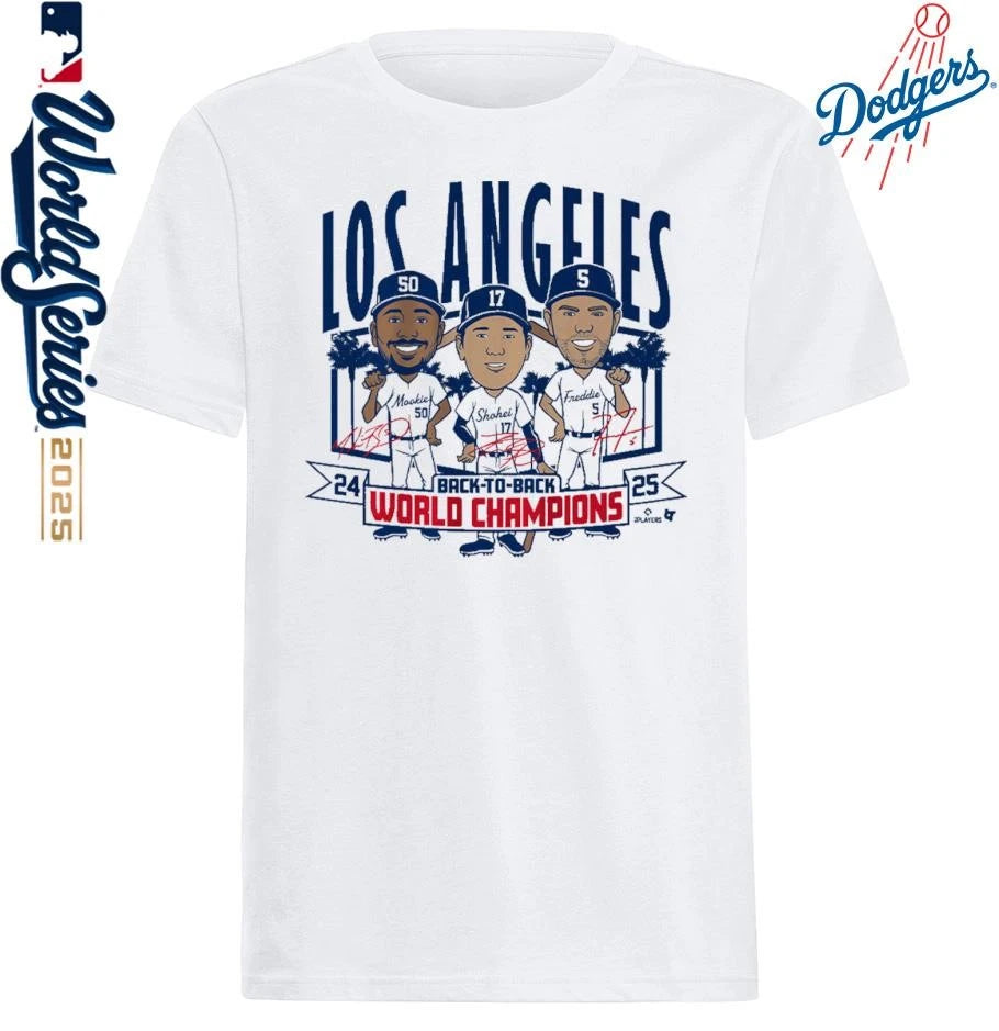 Los Angeles Dodgers Back-to-Back World Champs Caricatures T-Shirt