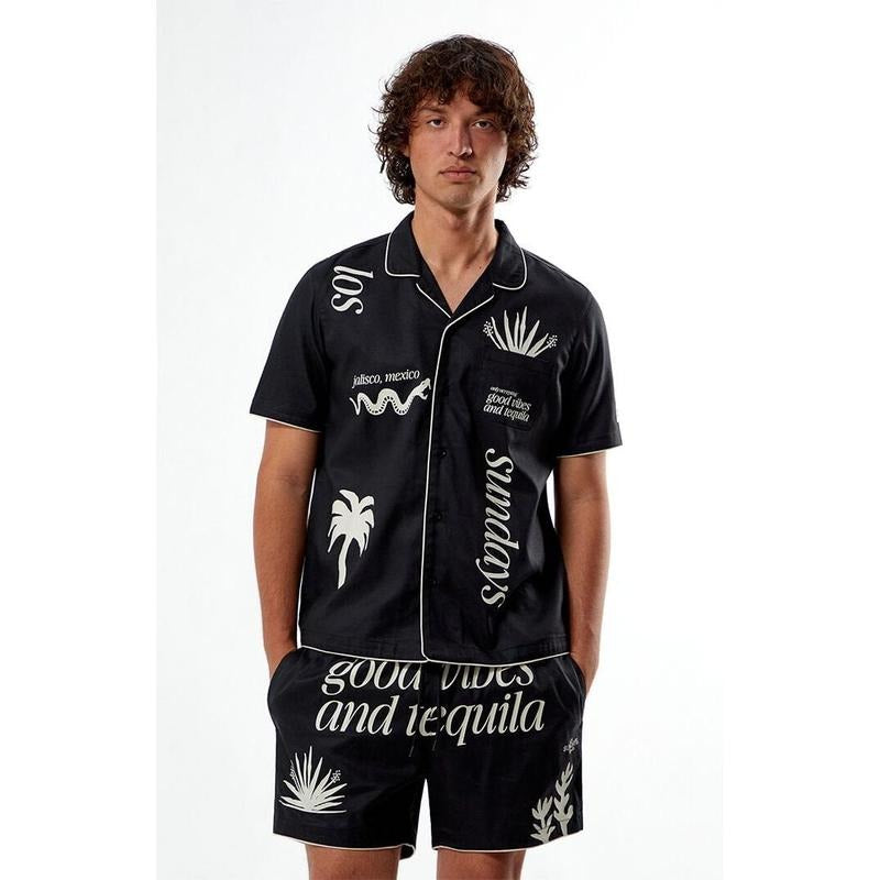 Los Sundays Men's Good Vibes Woven Camp Shirt Hoodie, Sweatshirt | HypeCrazeTee.com