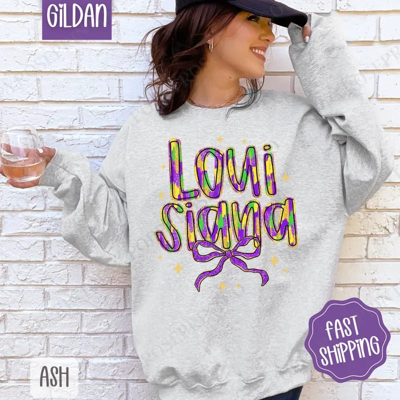 Louisiana Bow Sweatshirt, Coquette Mardi Gras Bow Crewneck, Holiday Women's Sweater T-Shirts, Hoodie | HypeCrazeTee.com