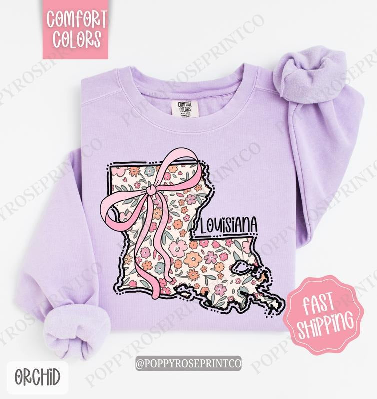Louisiana Floral Comfort Colors Sweatshirt, Louisiana Sweatshirt, Cute Bow Louisiana Sweatshirt T-Shirts, Hoodie