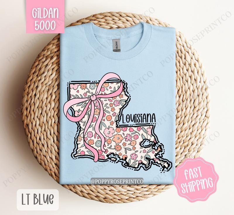 Louisiana Gildan T-shirt, Cute Louisiana State Shirt, Louisiana Floral Bow Tee Hoodie, Sweatshirt | HypeCrazeTee.com