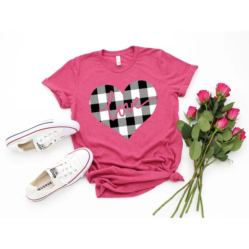Love Black and White Plaid heart shirt, Valentines Day Shirt, love heart Tee, Valentines Day Shirts For Women, Heart...