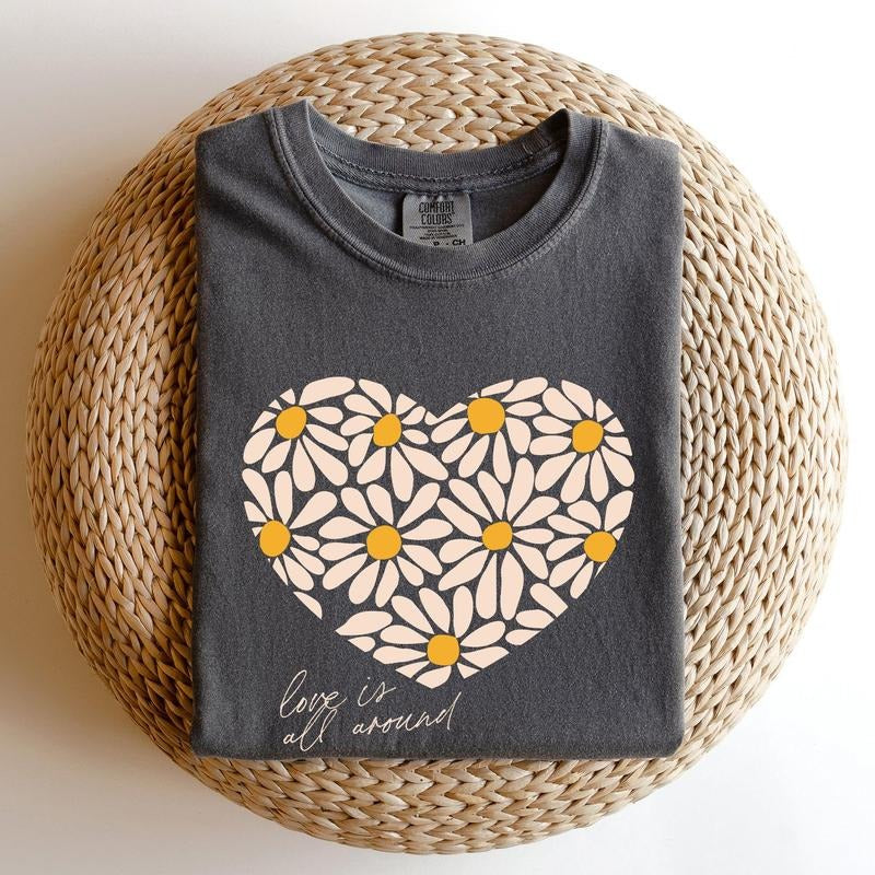 Love Is All Around, Daisy, Heart, Comfort Colors Tshirt, Valentine's Day, Valentine's Day Comfort Colors Tshirt, Women's...