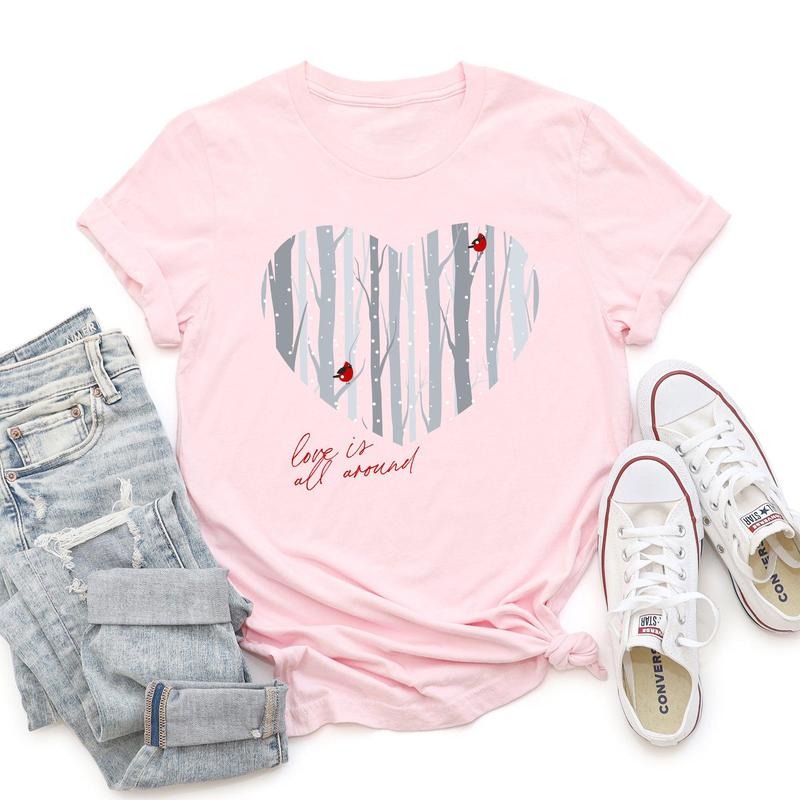 Love Is All Around, Winter Forest, Cardinal, Heart, Super Soft Tshirt, Valentine's Day Hoodie, Sweatshirt | HypeCrazeTee.com