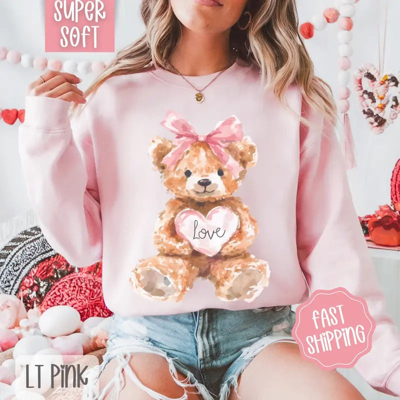 Love Teddy Bear Sweatshirt, Valentine's Day Crewneck, Holiday Women's Sweater T-Shirts, Hoodie | HypeCrazeTee.com