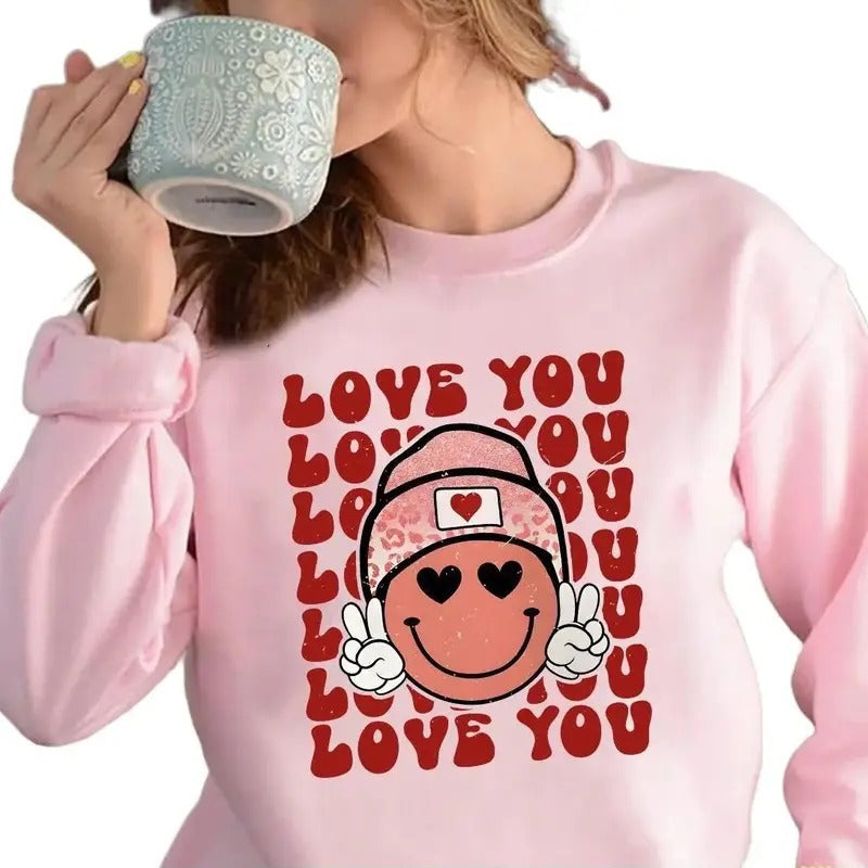 Love You Smiley Valentines Day Crewneck Sweatshirt, Hoodie, T-shirt | HypeCrazeTee.com