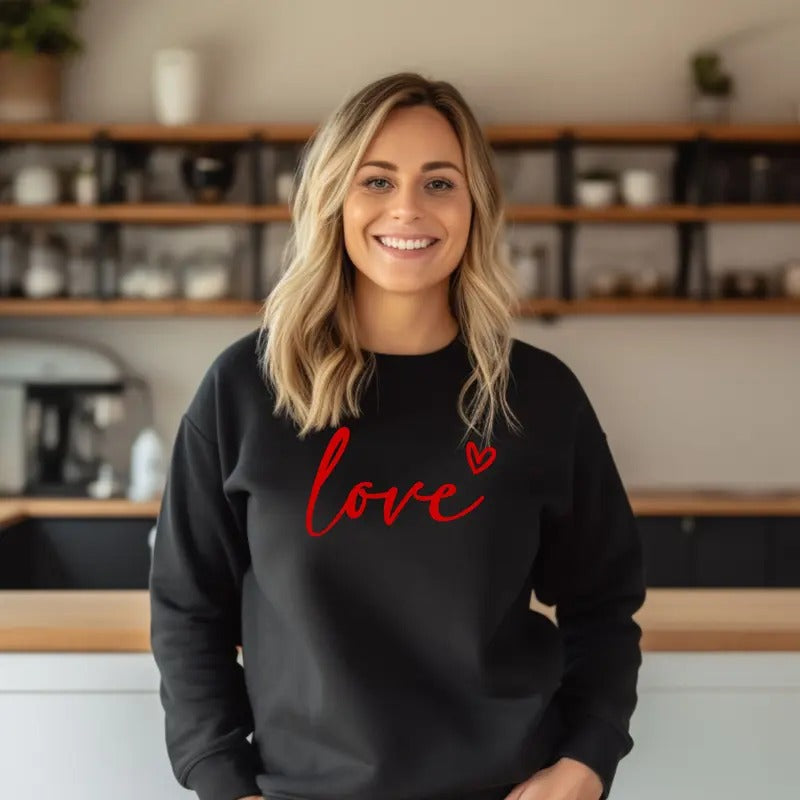 Love with Heart Crewneck Sweatshirt Comfortable Casual Womenswear Everyday T-Shirts, Hoodie | HypeCrazeTee.com