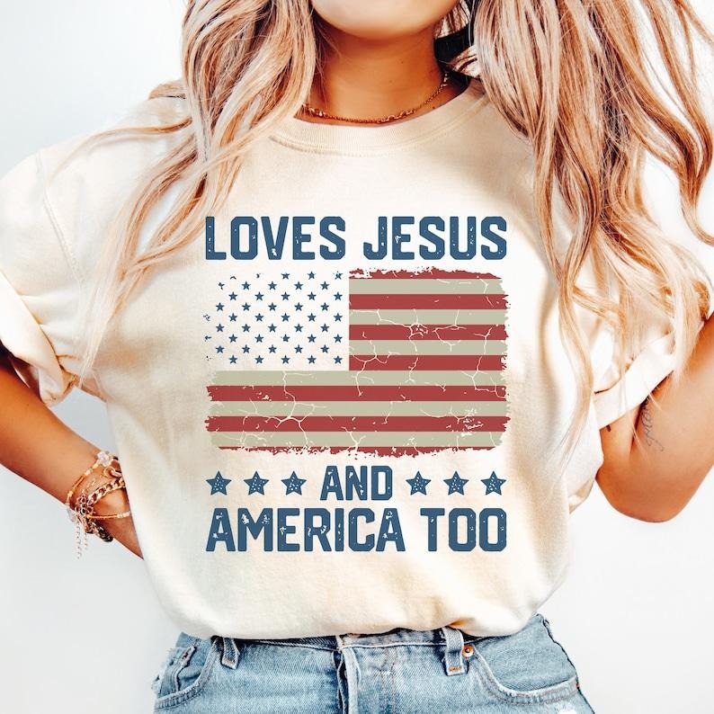 Loves Jesus and America Too t shirt Spiritual women tee Religions print tshirt Gifts for religious friends Love like...