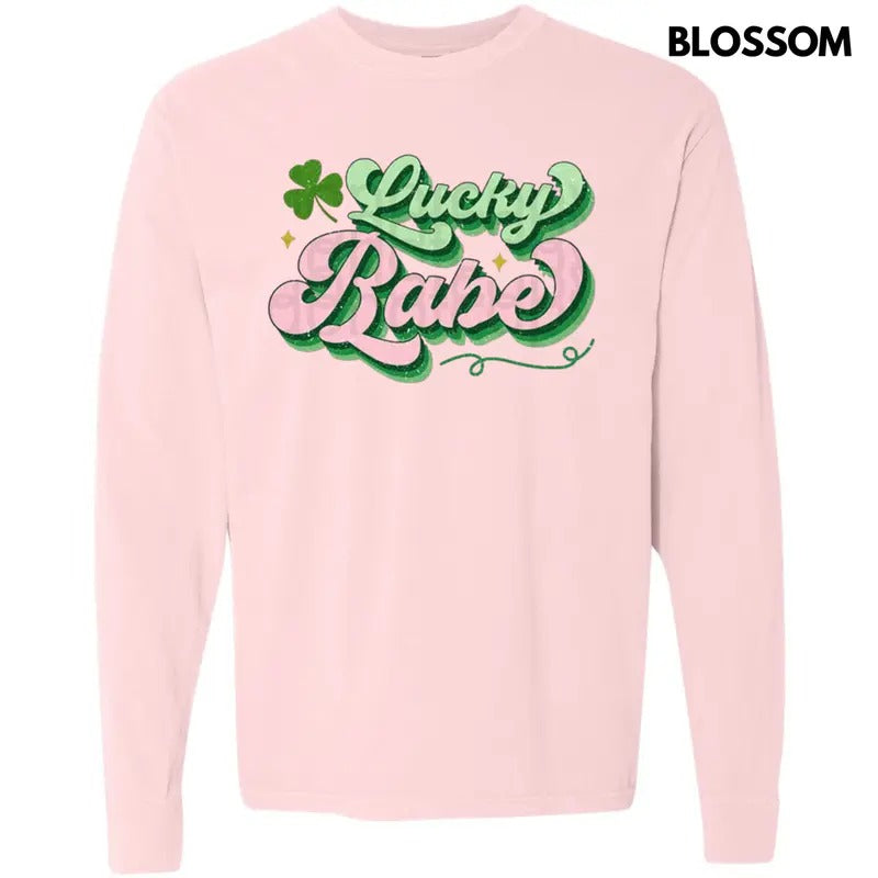 Lucky Babe Shamrock Long Sleeve Comfort Colors T-Shirt Hoodie, Sweatshirt | HypeCrazeTee.com