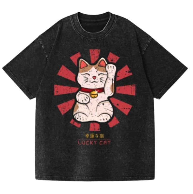Lucky Cat Vintage Wash Japanese Design T-Shirt, Womenswear Top Comfort Streetwear Summer Hoodie, Sweatshirt