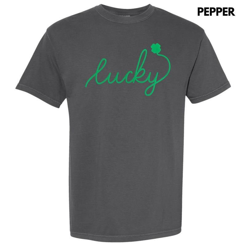 Lucky Cursive Green Puff Comfort Colors T-Shirt Hoodie, Sweatshirt | HypeCrazeTee.com