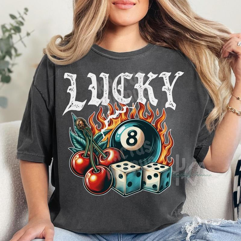 Lucky In Flames Graphic T-Shirt, Lucky Grunge Graphic Tee,Dice cherries, Yallternative Shirt, Edgy graphics tee Vintage...