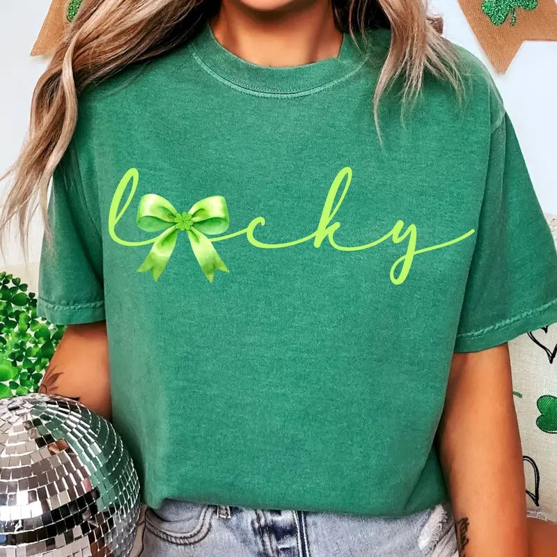 Lucky St. Patrick's Day Coquette Tee, Shamrock St. Patty's Day T-Shirt, St. Patrick Bow Crewneck, Girl's Irish Lucky...