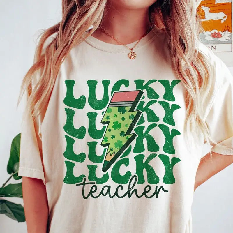 Lucky Teacher T-shirt, St Patricks Day T-shirt, Shamrock T-shirt, Clover Leopard Lightning Bolt T-shirt, Teacher St...
