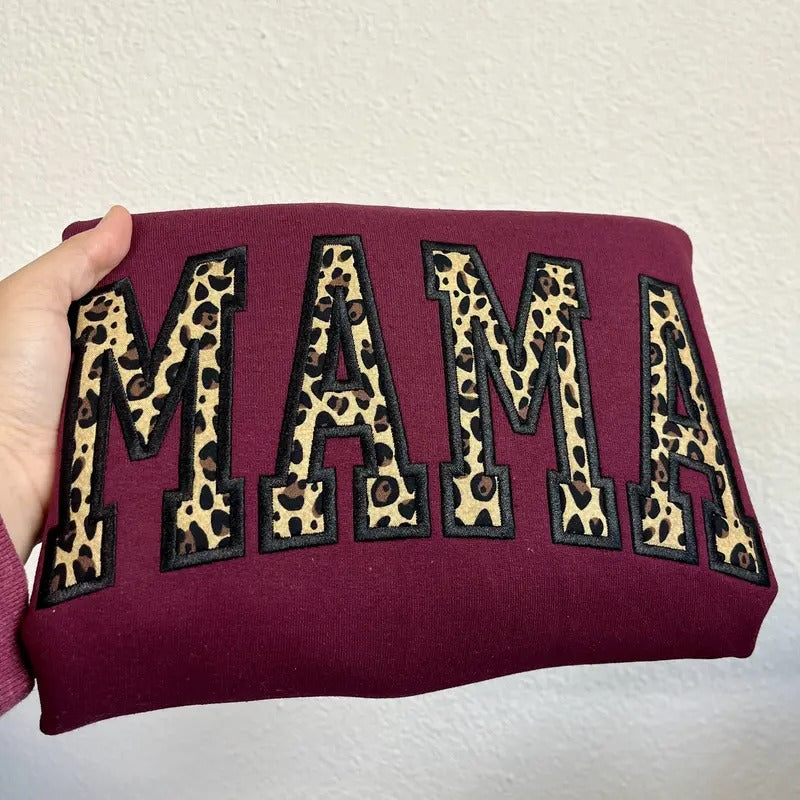 MAMA Cheetah Print Applique Embroidered Sweatshirt - Trendy Oversized Mom Sweater for Women - Pulpullover Style -...