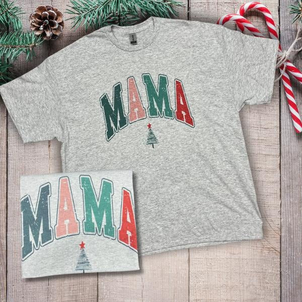 MAMA Christmas Tree Varsity T-shirt- Longsleeve- Crewneck Hoodie, Sweatshirt | HypeCrazeTee.com