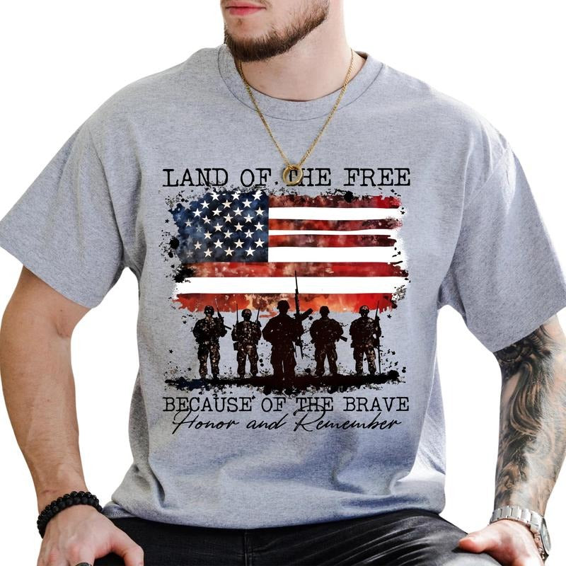 MAPTEES America Land Of The Free Because Of The Brave Graphic Tee, Vintage Memorial Day T-shirt For Men, Veterans Day...