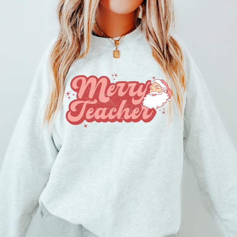 MERRY TEACHER CREWNECK (Crewneck Sweatshirt, Unisex Fit, Causal Sweatshirt for Christmas, Christmas Holiday Sweatshirt)...