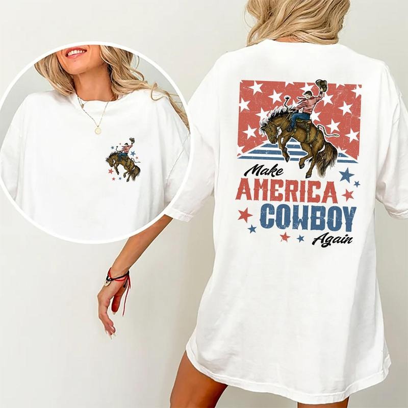 Make America Cowboy Again Shirt Retro Cowboy Shirt Cowgirl Funny Western America 4th July Vintage Cowgirl Top Independence Day USA Shirt Patriotic USA Tops Cotton Fabric Relaxed Fit Chic T-Shirts, Hoodie, Sweatshirt