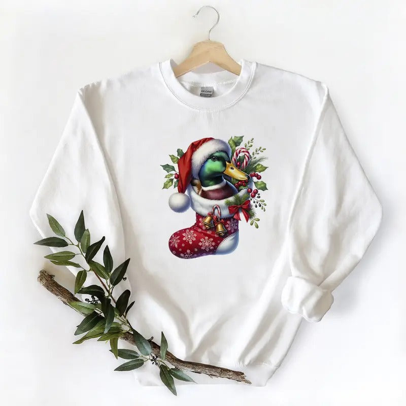 Mallard Duck in the Christmas Stocking Unisex Tshirt Sweatshirt Hoodie Cotton Pullover Sweaters | HypeCrazeTee.com