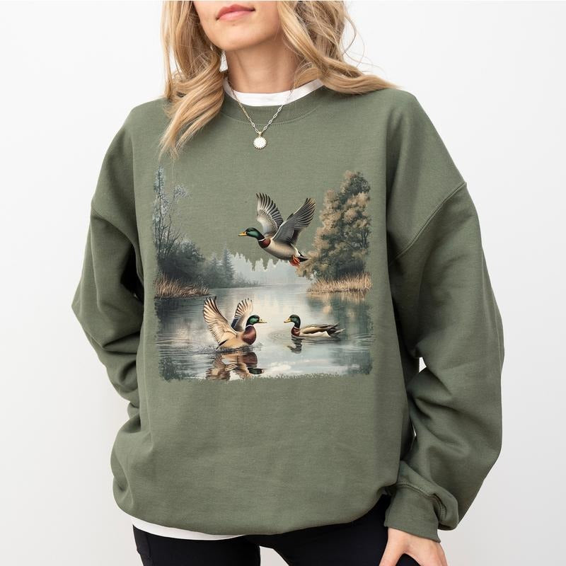 Mallard Ducks Vintage Sweatshirt, 90s Waterfowl Duck Crewneck, Fall Pond Retro Long Sleeves Pullover, Duck Lovers Sweater...