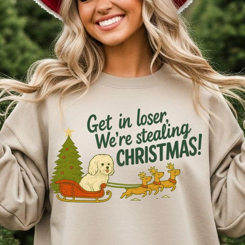 Maltese Stealing Christmas Crewneck, Funny Dog Mom Sweatshirt Women's Unisex T-Shirts, Hoodie | HypeCrazeTee.com