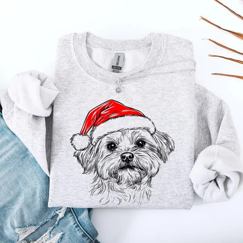 Maltese, Santa, Dog, Christmas, Dog Lover, Pet Sweatshirt, Crew Neck, Women's, Crewneck T-Shirts, Hoodie | HypeCrazeTee.com