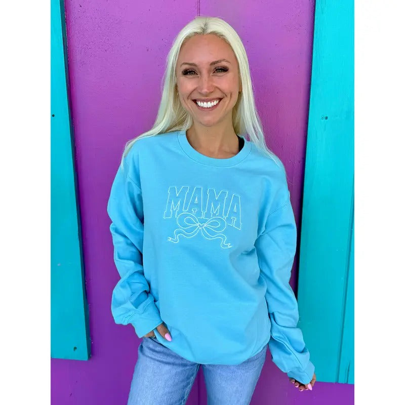 Mama Bow Blue Embroidered Sweatshirt T-Shirts, Hoodie | HypeCrazeTee.com