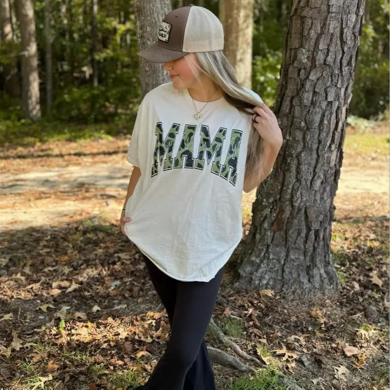 Mama Camo Varsity On Natural Tan Cotton T-shirt plus sized options Womenswear Comfort Fit graphic tees cute shirts...