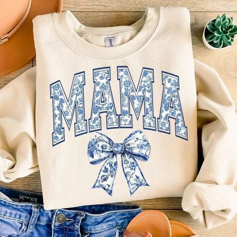 Mama Chinoiserie Coquette Sweatshirt, Mama Coquette Bow Shirt, Retro Mama Shirt Hoodie | HypeCrazeTee.com