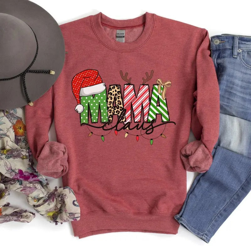 Mama Claus, Santa, Plaid, Leopard Print, Christmas Sweatshirt Classic Graphic Casual T-Shirts, Hoodie | HypeCrazeTee.com
