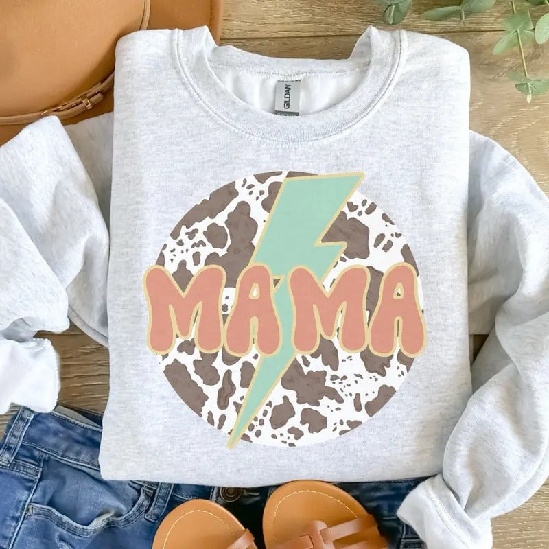 Mama Cow Print Lightening Bolt Ash Grey Sublimation Sizing T-Shirts, Hoodie, Sweatshirt