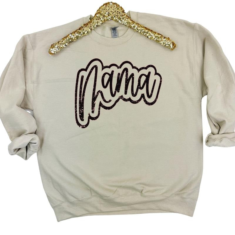 Mama Cursive Distressed Gildan Sweatshirt -- SAND T-Shirts, Hoodie | HypeCrazeTee.com
