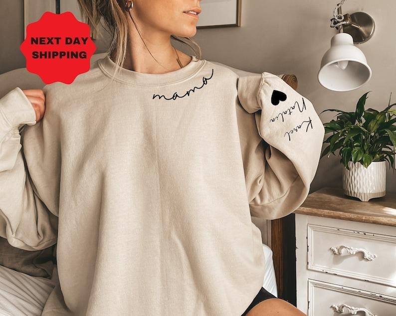 Mama Custom Kid Name Sleeve Personalized Mom Minimalist Momma Her ; Cotton Womenswear Light Polyester Solid Tops Underwear Lady T-Shirts, Hoodie, Sweatshirt