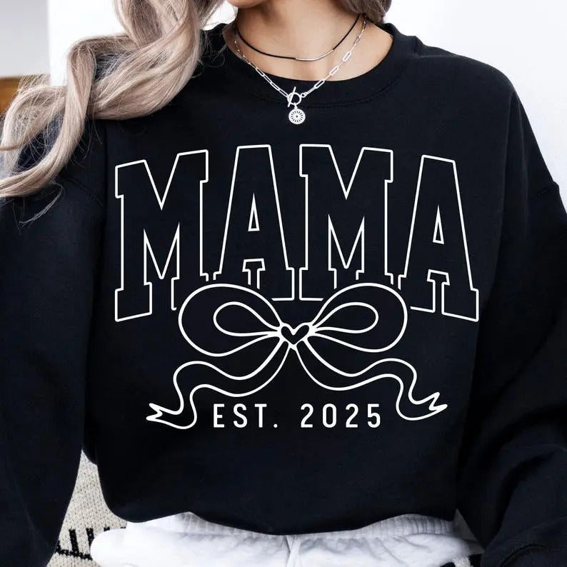 Mama Est 2025 Sweatshirt, Mama Coquette Bow Shirt, Mama Varsity Shirt, Mama shirt, Coquette mama Hoodie | HypeCrazeTee.com