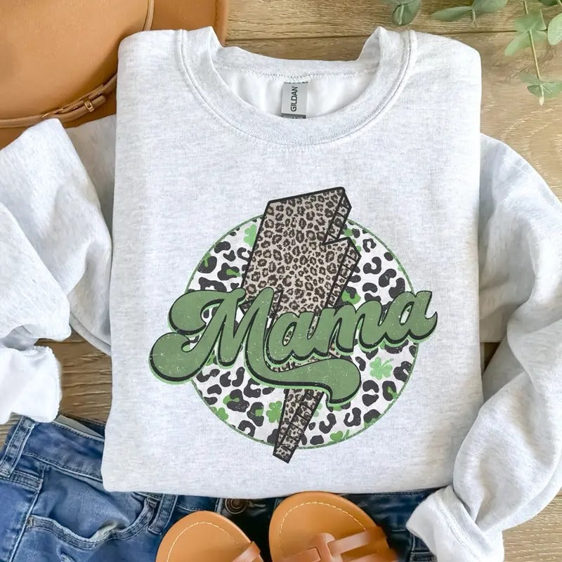 Mama Leopard St Patrick Day Lightening Bolt Ash Grey Sublimation T-Shirts, Hoodie, Sweatshirt