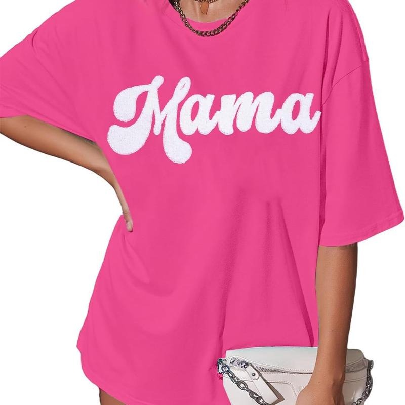 Mama Oversize Shirt Mom T-Shirt Women Cute Mama Towel Embroidery Graphic T-Shirts Casual Mommy Gift T-Shirt Short Sleeve...